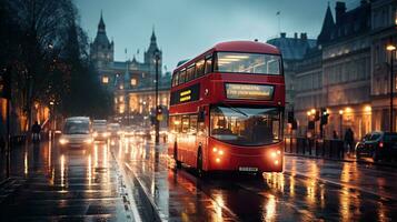 Double decker bus in the streets on a rainy day. Generative AI photo