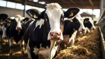 Group of cows at cowshed eating hay or fodder on dairy farm. Generative AI photo