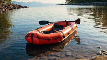 Adventures on the Horizon, Red Packraft and Paddle on the Seashore. Generative AI photo