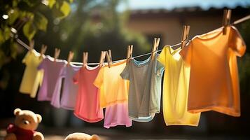 Children's Colorful Clothes Dance in the Sunlight on the Clothesline. Generative AI photo