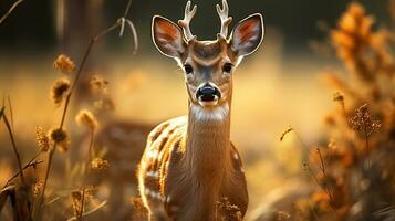 Wildlife scene in nature. Adorable deer fawn in forest. Generative AI photo