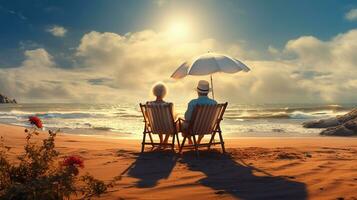 Happy seniors enjoying of retirement with a beach in morning, Generative AI photo