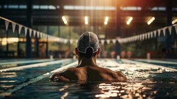 A muscular swimmer in swimming cap and goggles training at swimming pool. Generative AI photo