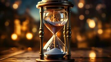 Vintage hourglass representing the concept of time and pacing, slow, sands of time with bokeh background. Generative AI photo