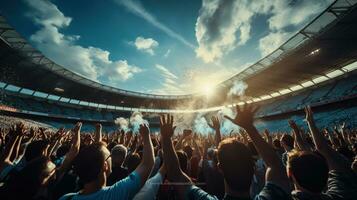 Football Fans show hands celebration on big stadium during football game with blue sky, Generative AI photo