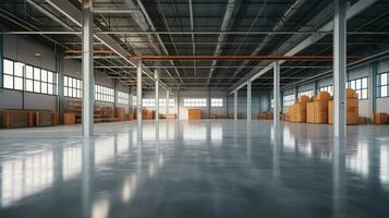 Empty warehouse in logistic center. Generative AI photo