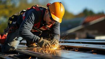 Electric drill used on new roofs with metal sheet. Construction worker install new roof. Generative AI photo