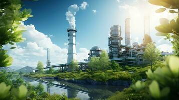 Greening the Industrial Landscape, Eco Power Factory with Low Carbon Footprint. Generative AI photo