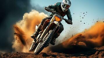 Dirt bike rider doing a big jump. Supercross, motocross, high speed. Sport concept. Generative AI photo