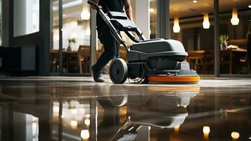 Worker Washing Office Floor with Cleaning Machine. Generative AI photo