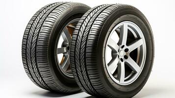 A pair of tires. Wheels of vehicles stacked up. lone automobile tires on a white background. Generative AI photo