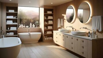 un contemporáneo baño jactancia abundante incorporado espacio. generativo ai foto