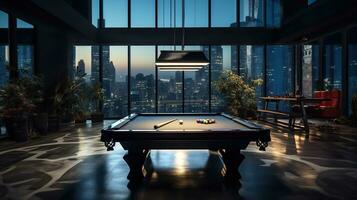 Beautiful billiard table on a large terrace. Generative AI photo