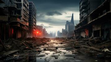 Abandoned broken big city with skyscrapers after a disaster, tornado, earthquake or war. The concept of the end of the destruction. Generative AI photo