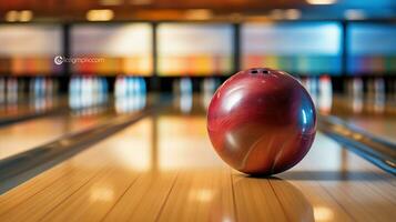 Ball and pin on floor in bowling club. Generative AI photo