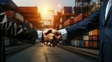 Business people shaking hands, success business of Logistics Industrial Container Cargo freight ship for Concept of fast or instant shipping. Generative AI photo