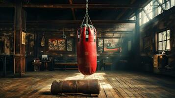 Old vintage gym room with old vintage boxing leather bag. Generative AI photo