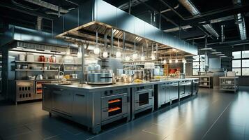 Industrial massive central kitchen. Generative AI photo