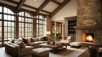 A Luxurious Living Room with Stone Accents and Vaulted Ceilings. Generative AI photo