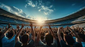 Football Fans show hands celebration on big stadium during football game with blue sky, Generative AI photo