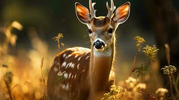 Wildlife scene in nature. Adorable deer fawn in forest. Generative AI photo