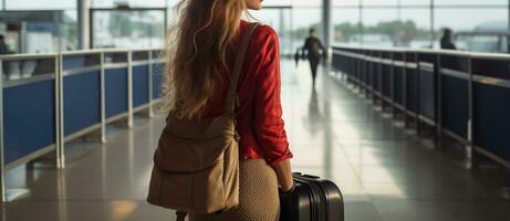 A traveling female in airport collecting a baggage trolley and waiting for flight. Generative AI photo