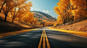 viajando mediante el largo vacío la carretera en el esplendor de otoño. generativo ai foto