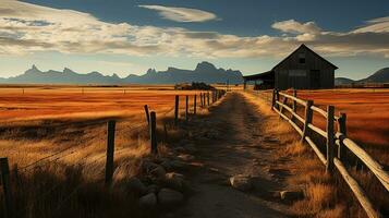 Prairie Serenity, A Barn and Fence Amidst Vast Fields. Generative AI photo