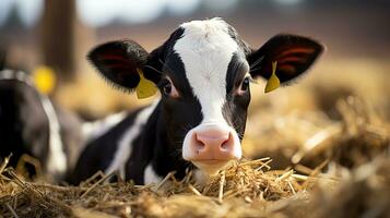 Close up view of holstein calf lying in straw inside dairy farm. Generative AI photo