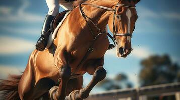 emocionante caballo saltando mostrando atletismo y habilidad. generativo ai foto