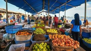 Travel in the local market, market near the sea. Generative AI photo
