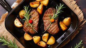 Beef Medallion Grilled Country Potato Flat Lay on Rustic Black Pan Serving for Delicious Recipe. Pork Fillet Fried on Skillet for Dinner with Rosemary, Garlic and Salt. Generative AI photo