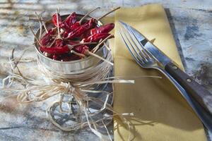a silver container with dried red peppers photo