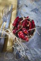 a bowl of red chili peppers on a table photo