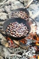 a pan of food cooking on a fire photo