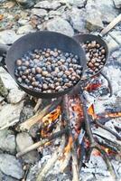 a pan of food cooking on a fire photo
