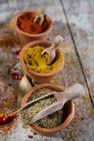 a wooden spoon with spices and other ingredients photo