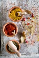 a wooden spoon with spices and other ingredients photo