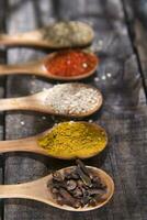 a wooden spoon with spices and other ingredients photo