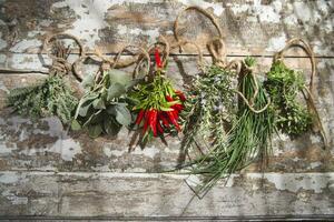 a bunch of herbs hanging on a wall photo