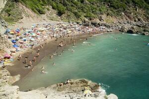 a sandy beach with many people photo