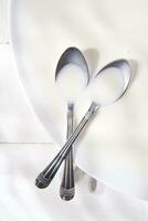 two spoons on a white plate with milk photo