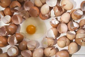 an egg is broken in half and surrounded by other eggs photo