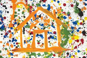 a painting with a house painted on it with paint splatters photo