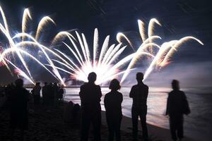 people watching fireworks on the beach photo