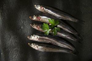 Fresco sardinas en un negro plato con hierbas foto