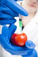 a person in blue gloves holding a tomato with a syringe photo