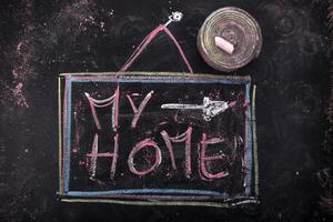 home written on a blackboard with chalk photo