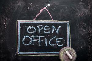 open office concept written on a chalkboard with chalk photo