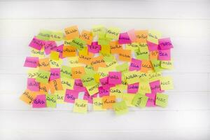 a pile of sticky notes with words written on them photo